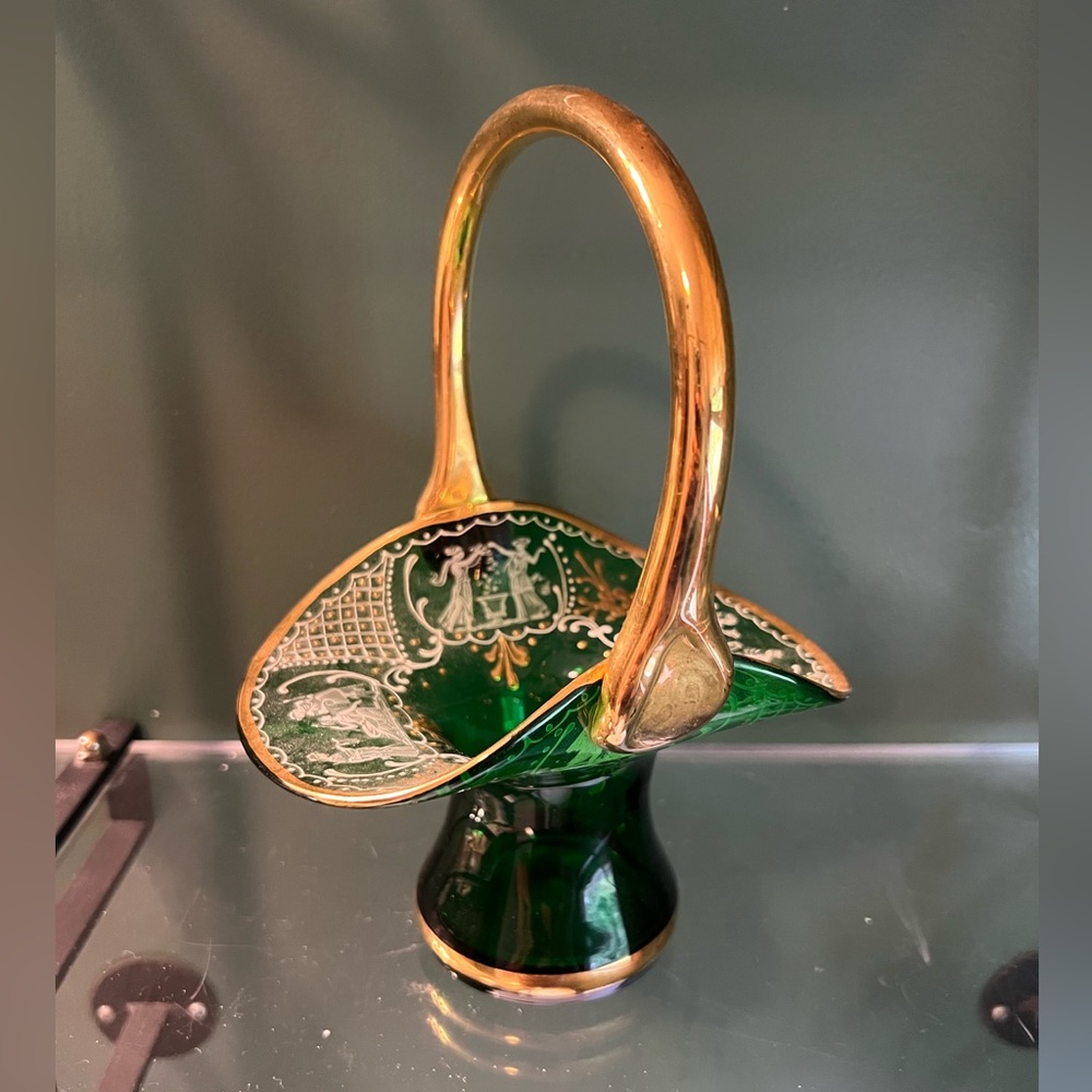 Vintage Bohemia Hand-Painted Gilded Blown Glass Basket